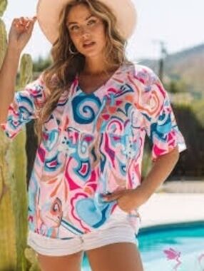 Colorful Abstract Swirl V-Neck Babydoll Top - Large